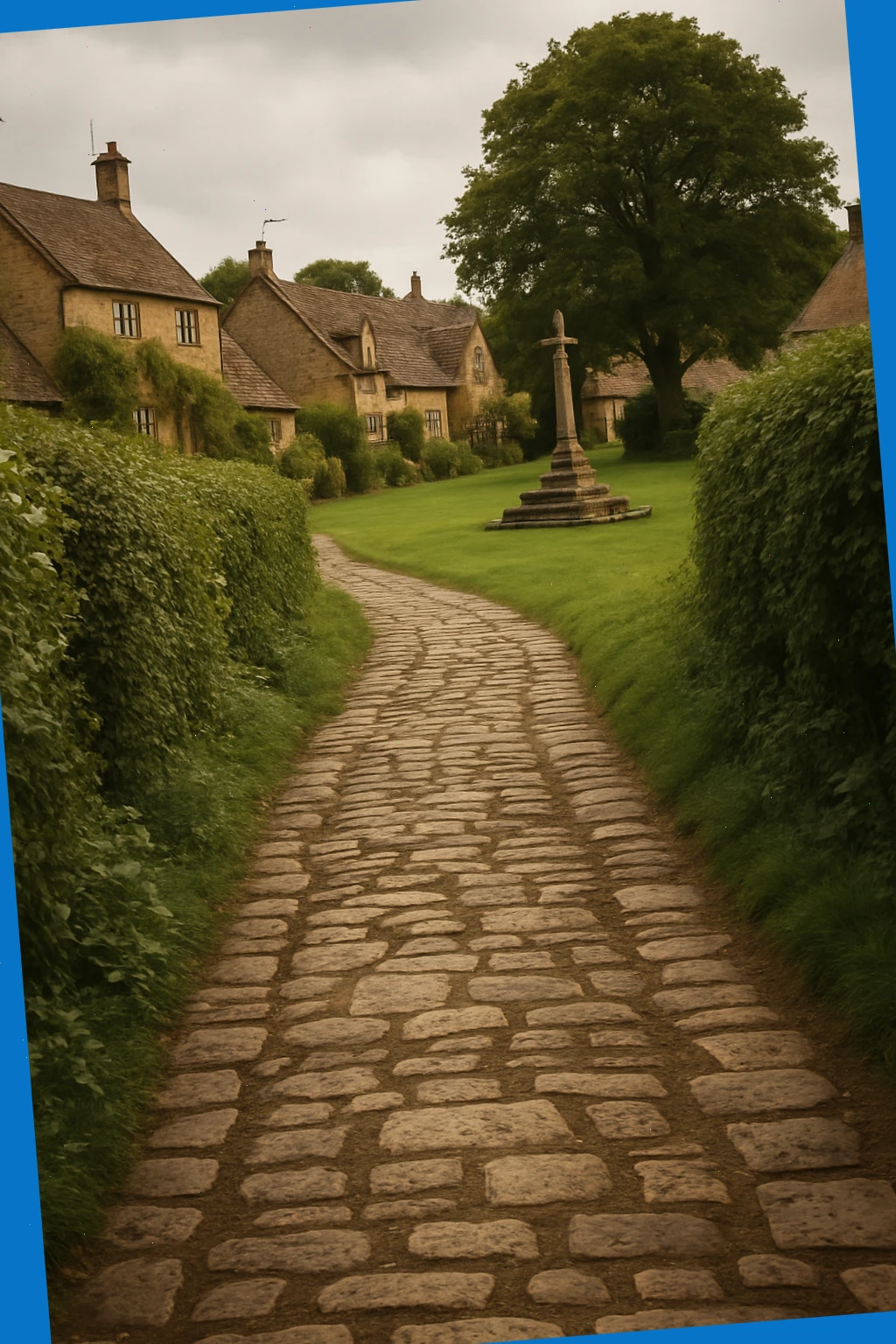 stone lane with hedgerows leading to a small village green and market cross